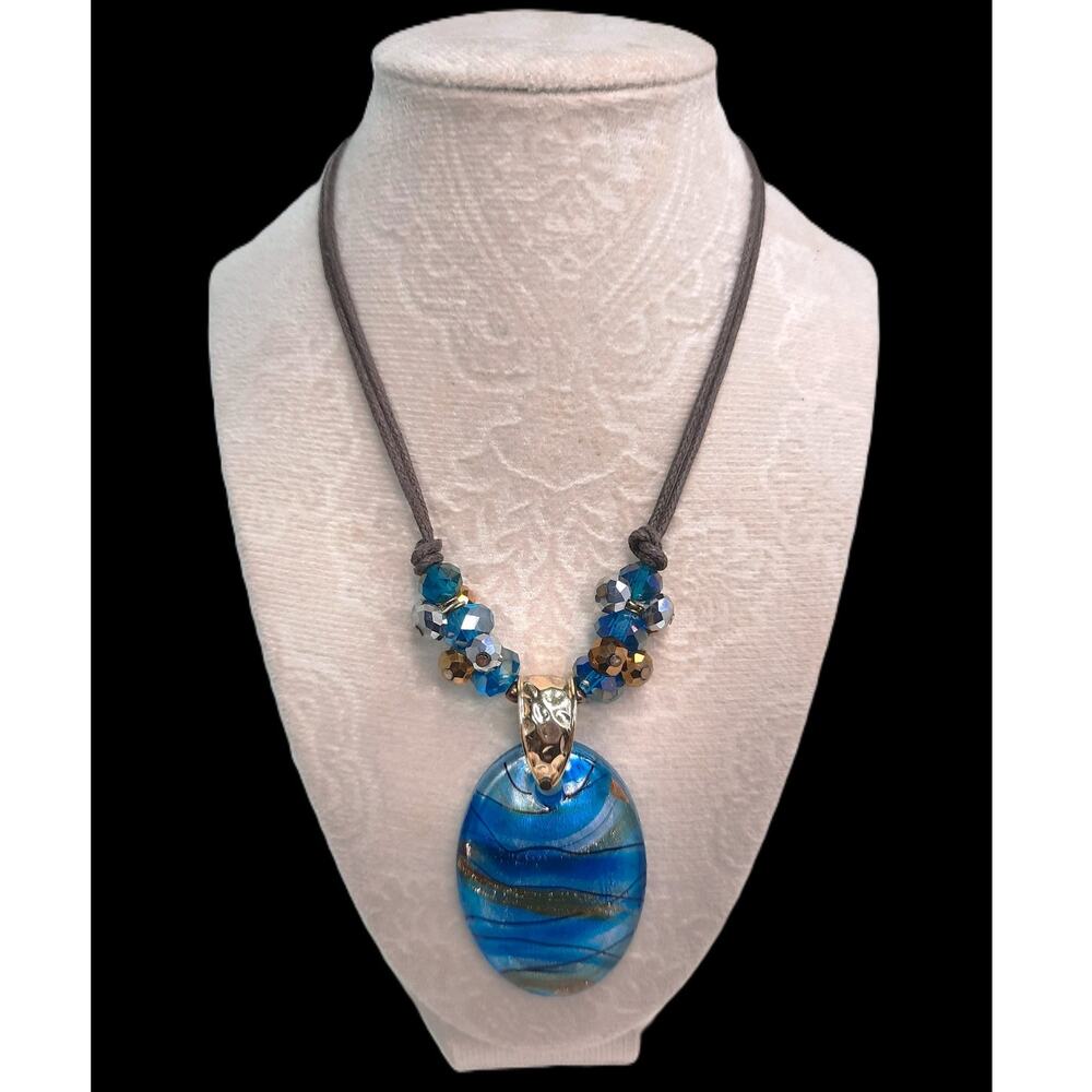 Beachy Blue Glass Statement Necklace Oval Pendant Boho Beaded Brown Leather Cord